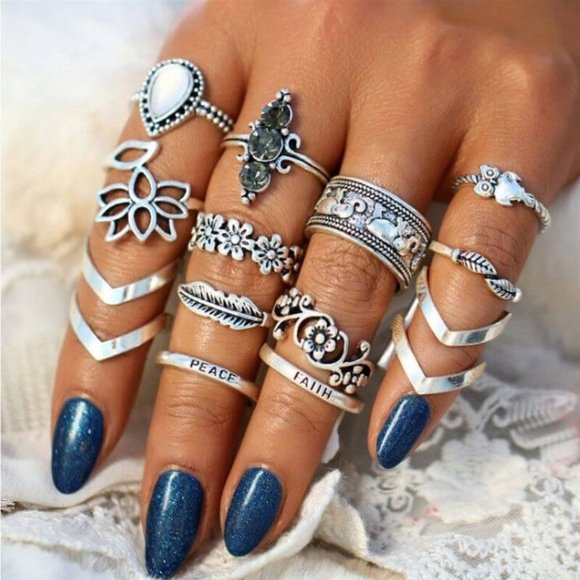 Jewelry - Boho Chic Rings Antique Silver Style 13-Pcs